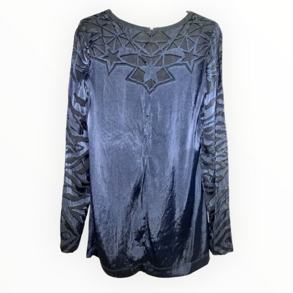 IRO Navy Blue Black Catrine Silk Long Sleeve Geometric Textured blouse Sz 36 / 4 - Picture 3 of 5